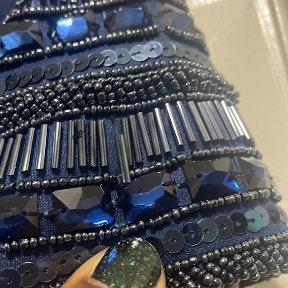 Ieena for Mac Duggal dress Navy Blue HIGH neck cap sleeve long gown New Sz 8 - Picture 4 of 12